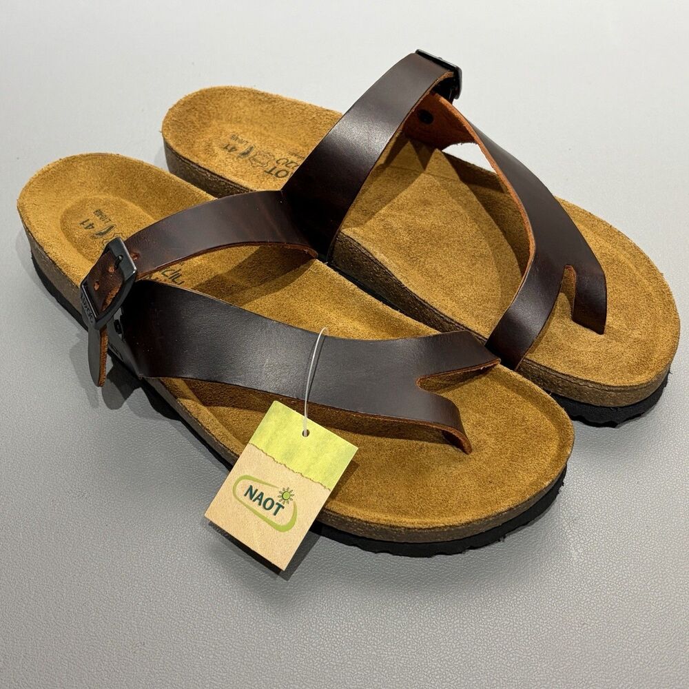 Naot Tahoe Women's 10 Brown Buffalo Leather Toe-Loop Slide Sandals Buckle